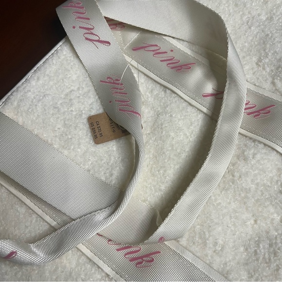 NWT PINK Victoria's Secret Sherpa Cream Tote Ribbon Straps Large Logo Cozy - Picture 11 of 12